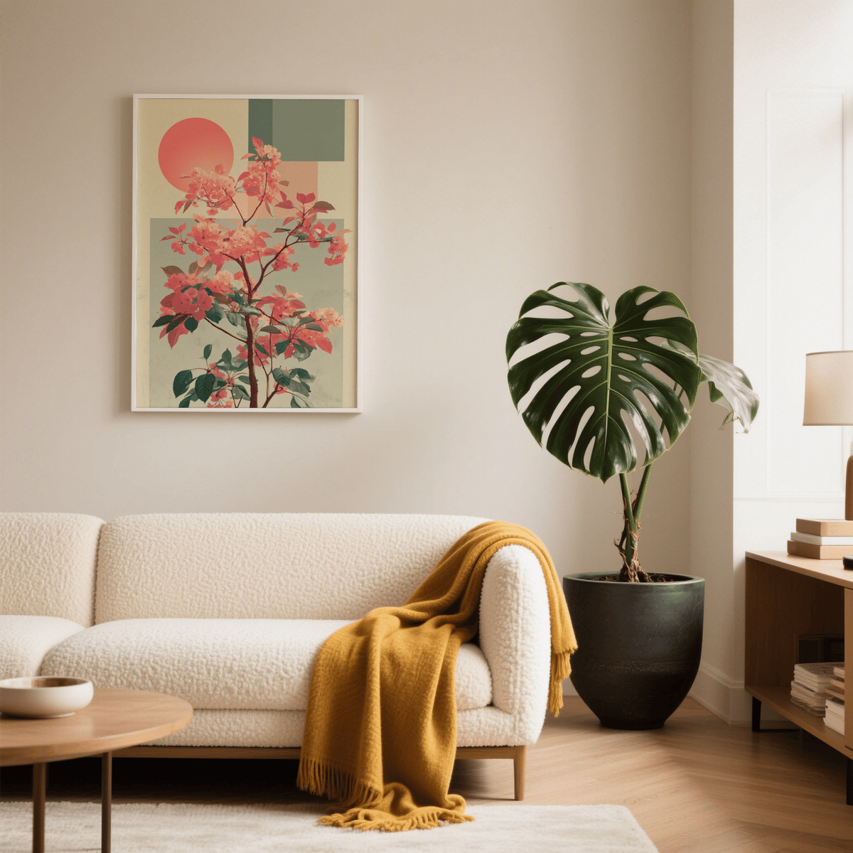 Abstract Flower Print wall art of a flowering branch with pink and green tones above a cream sofa with a mustard throw