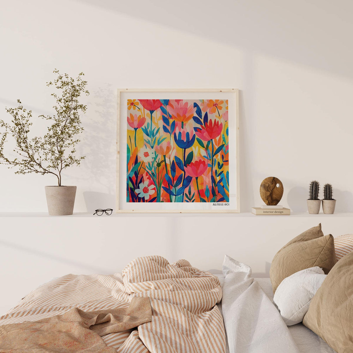 Matisse Exhibition Poster print of colorful minimalist flowers on a white shelf above a bed with beige cushions