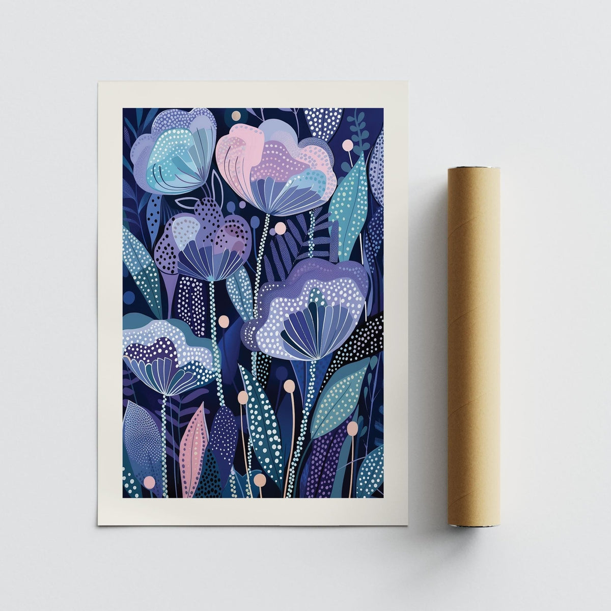 Purple flower poster with abstract purple and blue flowers alongside a packaging tube