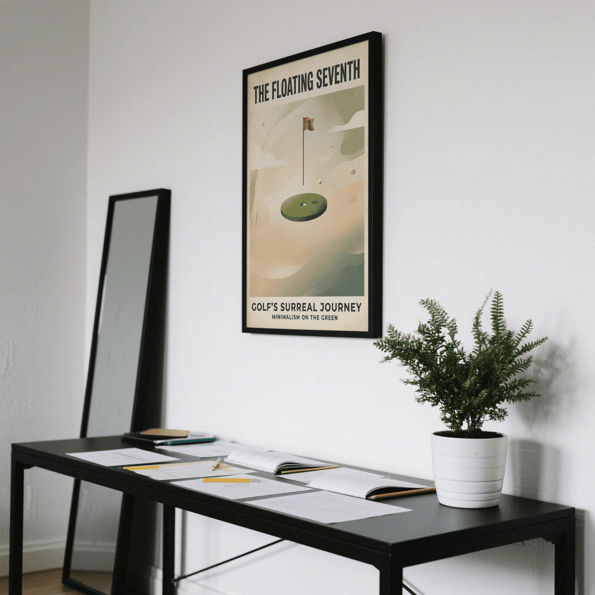Surreal golf art print of a floating golf green with a red flag in a minimalist office with a plant
