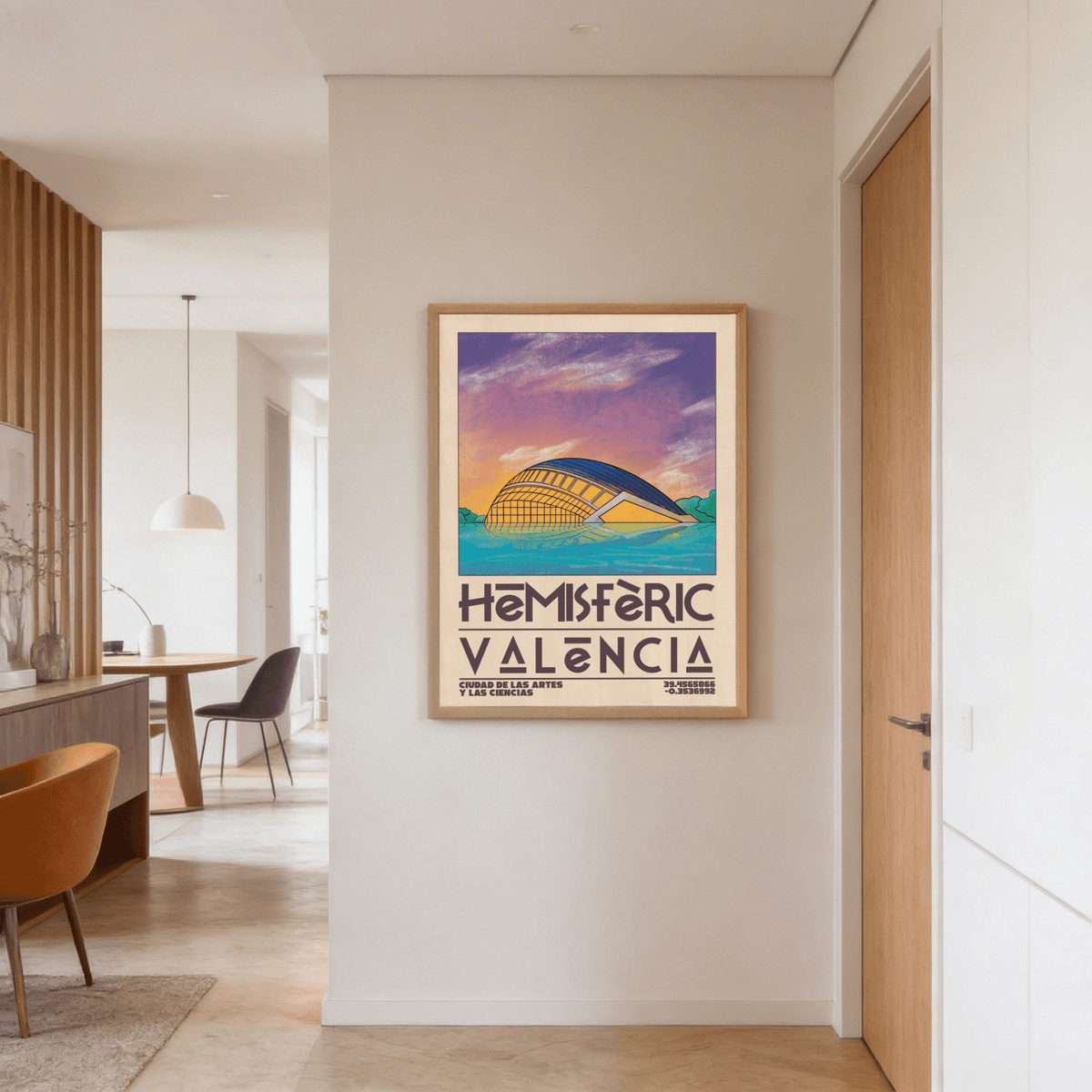 Framed Valencia City Art Print of a hemispheric building with blue and orange tones in a bright hallway