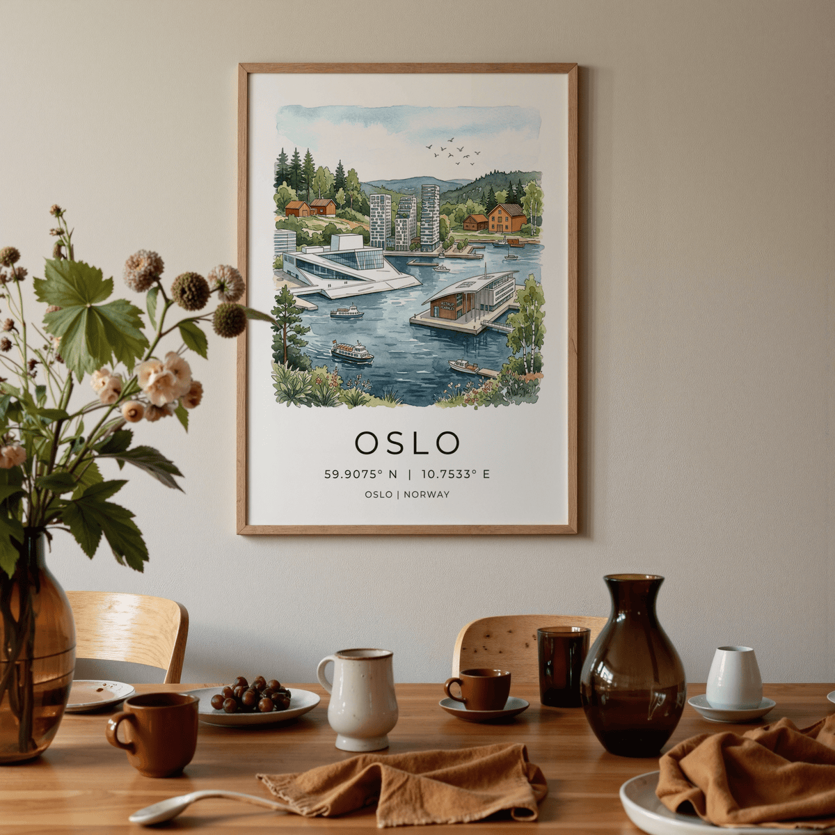 Oslo City Art Print framed print on a wall showing a watercolour Oslo waterfront scene above a dining table with crockery and flowers