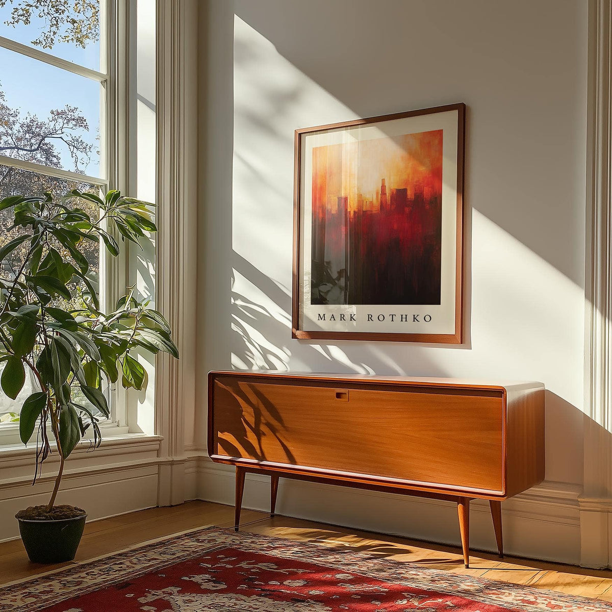 California wall art abstract city skyline fire with warm orange and black tones above a wooden sideboard in a bright room