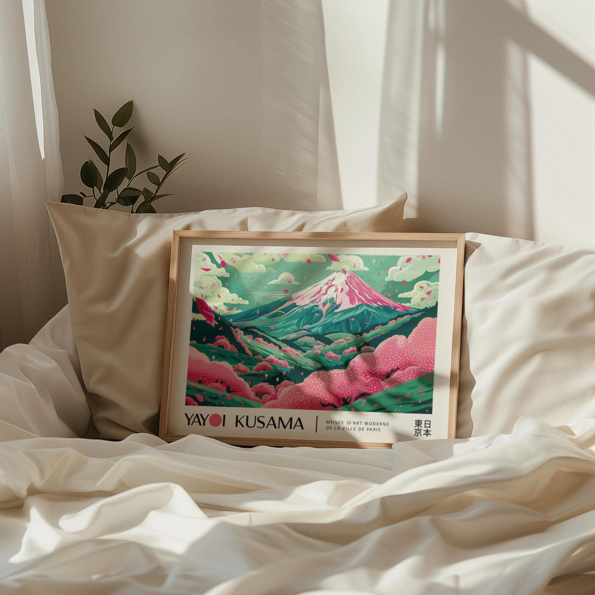 Framed Cherry Blossom Art print with pink and green tones resting on cream cushions near a plant