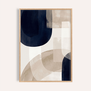 Framed Shapes Minimalist Print with beige and dark blue abstract watercolour shapes