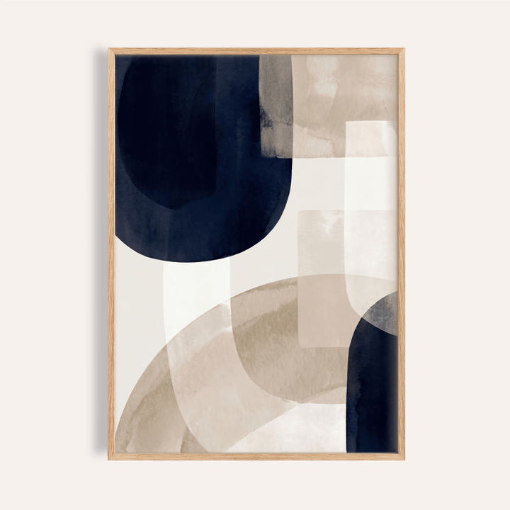 Framed Shapes Minimalist Print with beige and dark blue abstract watercolour shapes