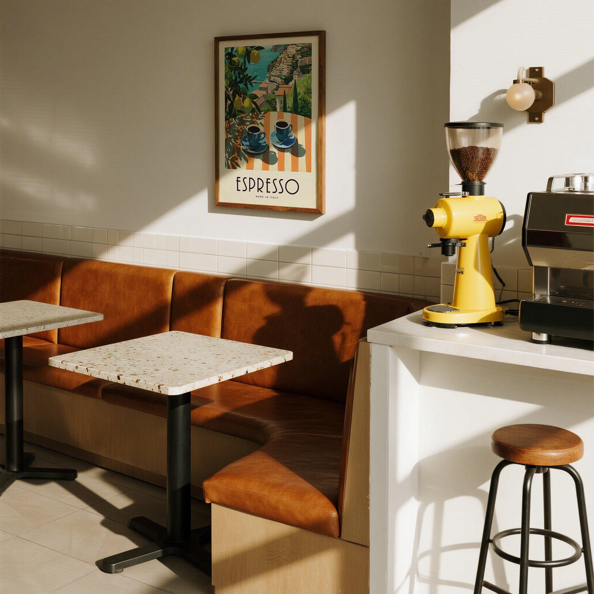 Mediterranean art print with striped table and Italian espresso