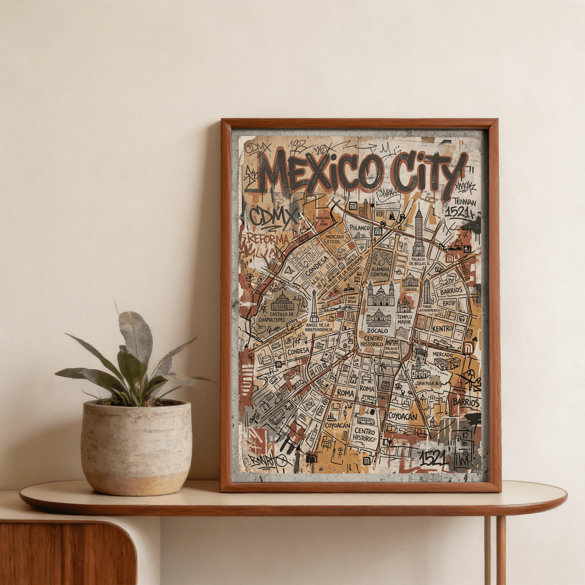 Print on a wall with Mexico Map Poster of a street-art style map with brown and grey tones and a plant on a table