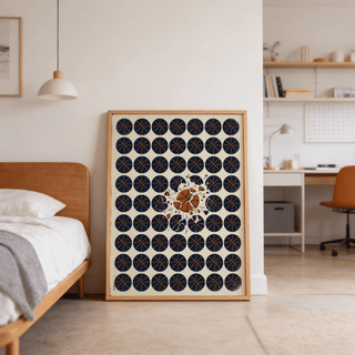 Print of basketball burst art print with blue and orange basketballs leaning against a wall by a wooden bed