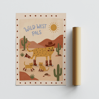 Wild West Animal Art Print laid flat beside a brown packaging tube showing illustrated cheetah with boots and hat