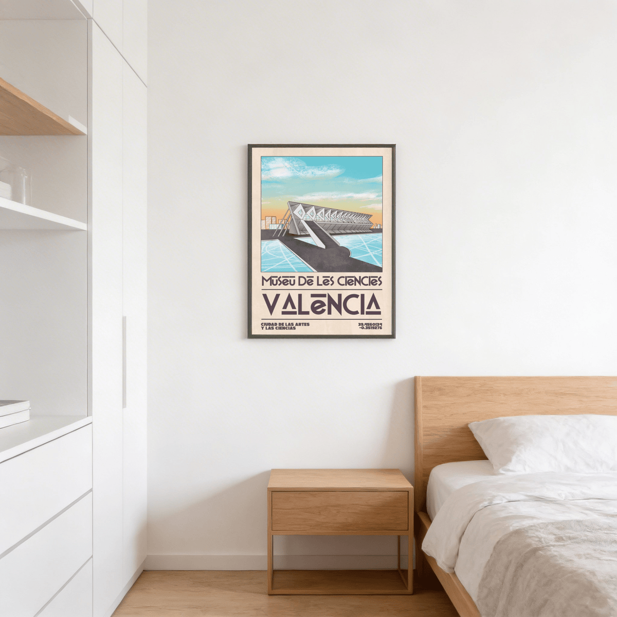 Print on a wall in a bedroom featuring Valencia Art Print of the Museu de les Ciències building with blue sky and retro font above a wooden