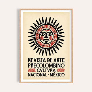 Framed Mexican Art Print of an abstract sun face symbol with black and red details on cream background