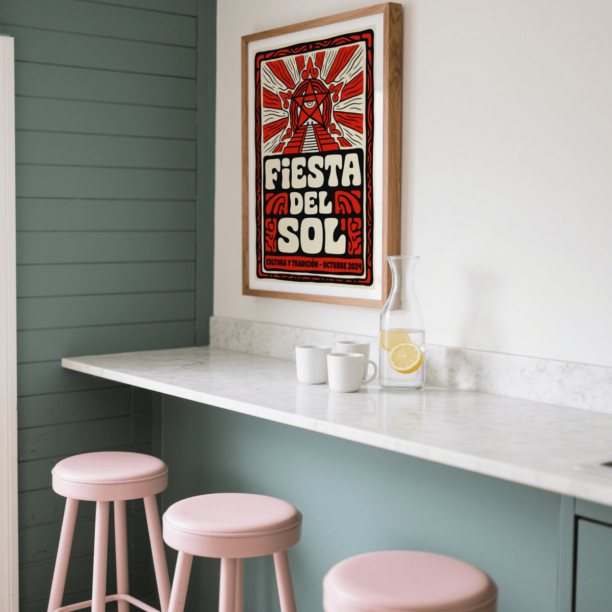 Fiesta Del Sol Art Print framed with red and cream folk-art style colours above pink stools