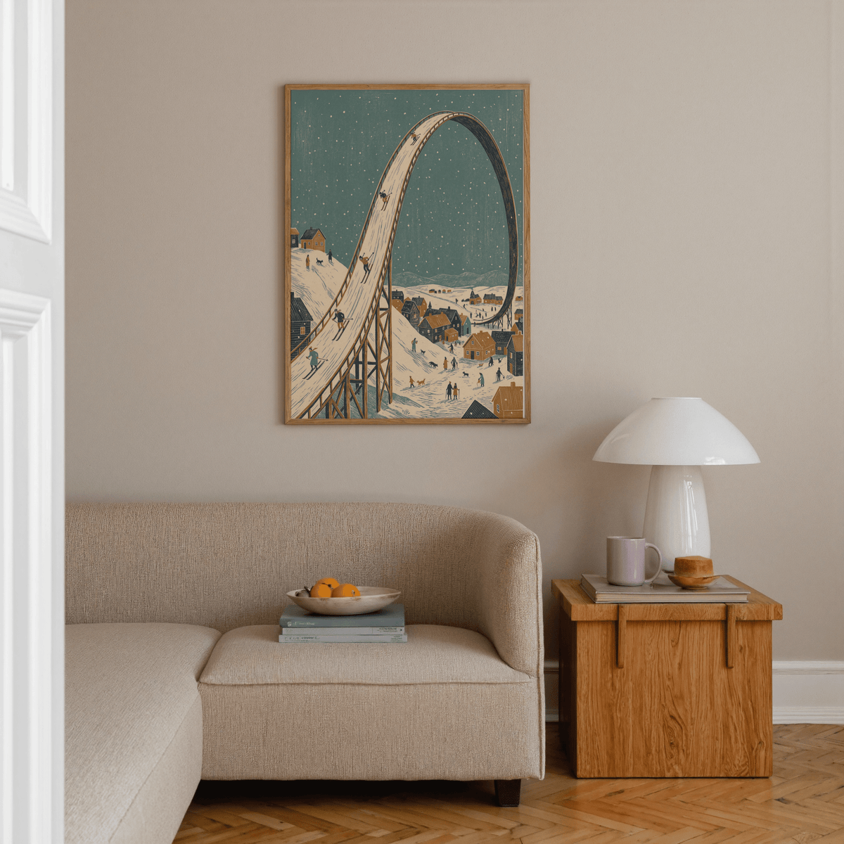 Winter Skiing Art Print framed print of vintage ski slope loop with snowy village above a sofa