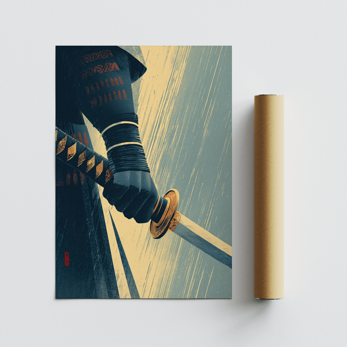 Katana wall art showing a samurai hand gripping the sword in blue and beige tones with packaging tube