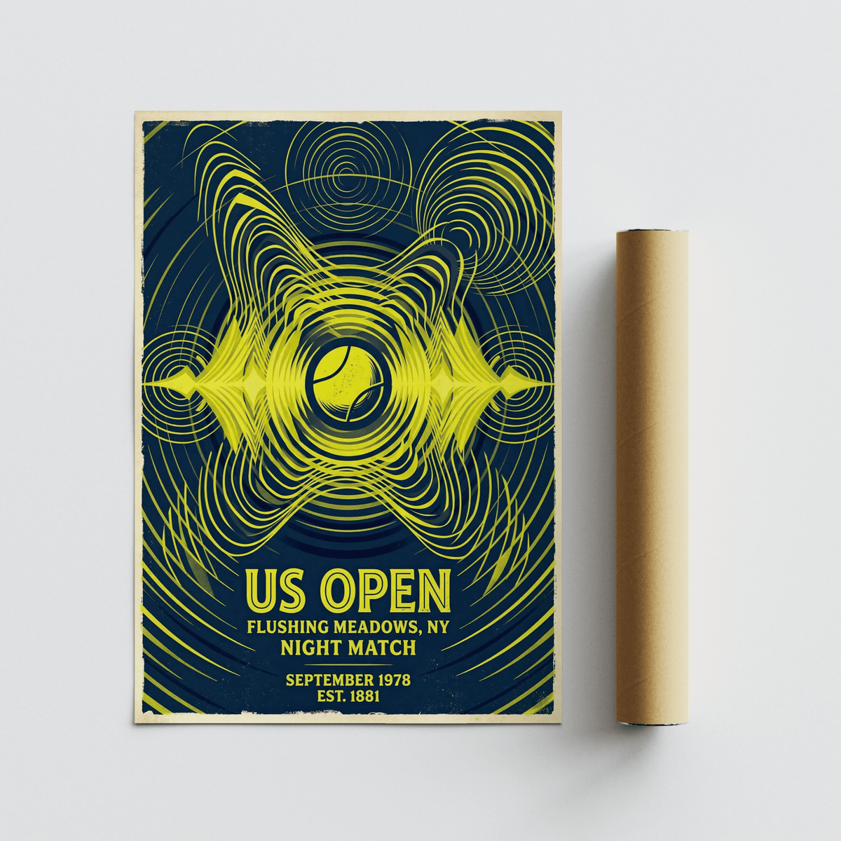 Tennis Night Art Print with yellow circular lines around a tennis ball next to a brown packaging tube