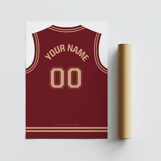 Basketball jersey poster in maroon with tan numbers next to a packaging tube on a white background