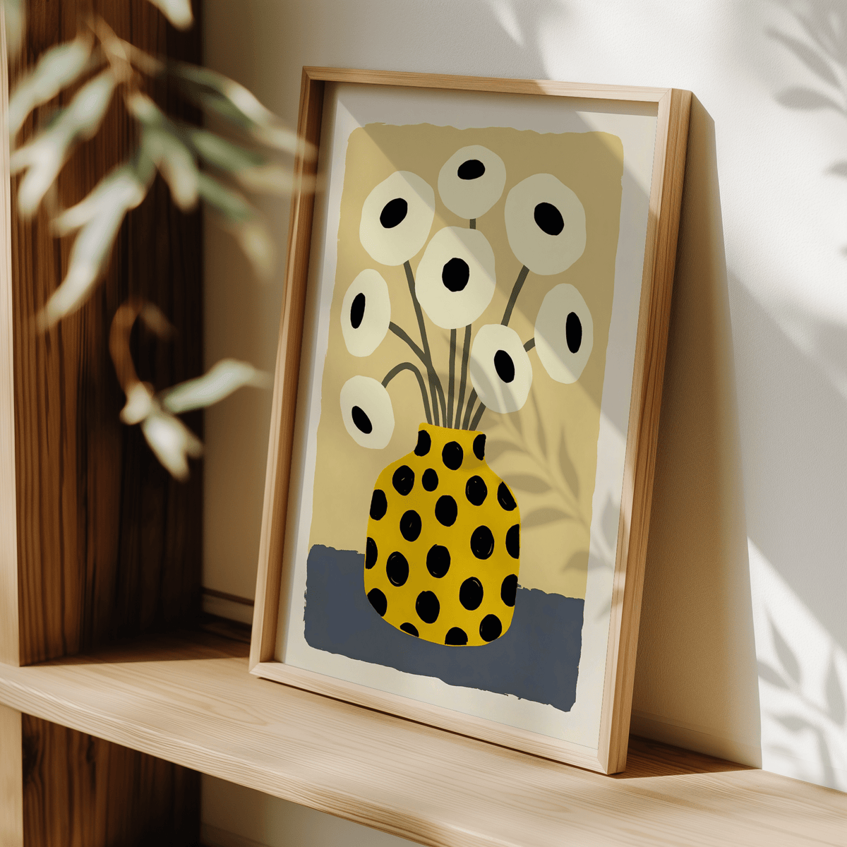 Print leaning on a shelf Yellow Vase Poster with a yellow vase and white flowers and plant shadow