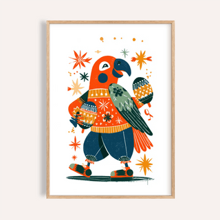 Framed playful animal poster of a colourful parrot with maracas in folk-art style