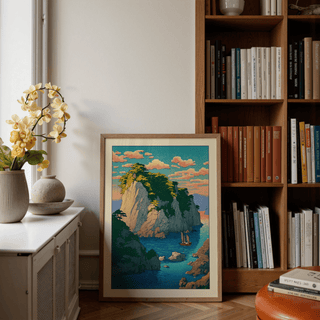 Framed Hasui Kawase Coastal Print of a rocky island with a boat leaning on floor near bookshelf