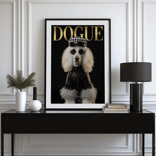 Framed Dog Fashion Print of a poodle in a leather jacket with sunglasses on a black console