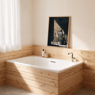 Funny Frog Art Print leaning on a wooden bathroom wall above a bathtub