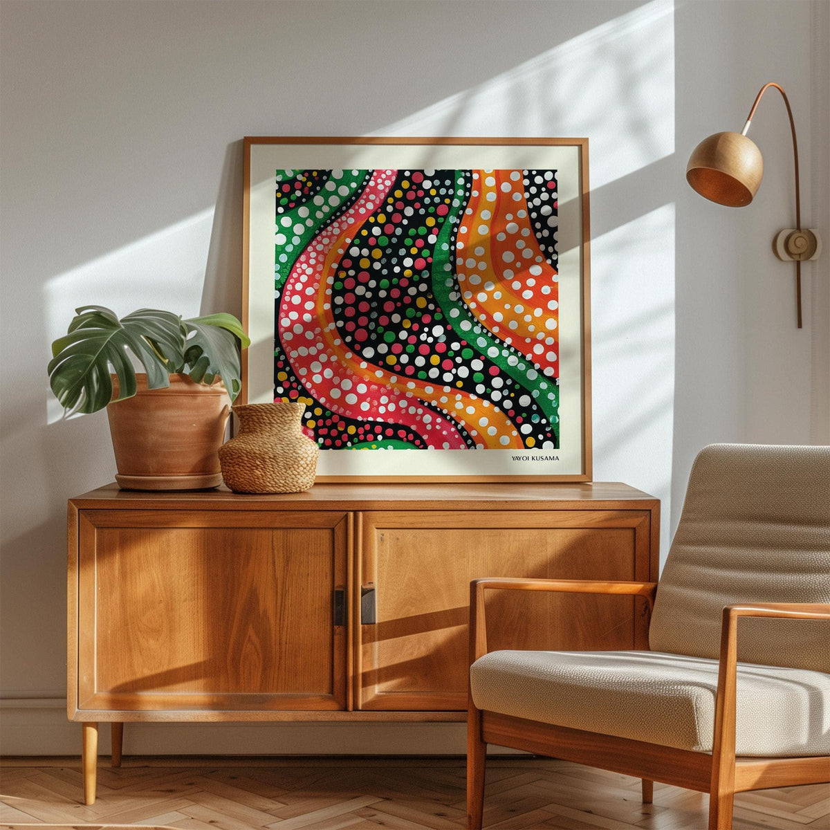 Abstract colorful art with wavy lines and dots above sideboard with plant in a living room