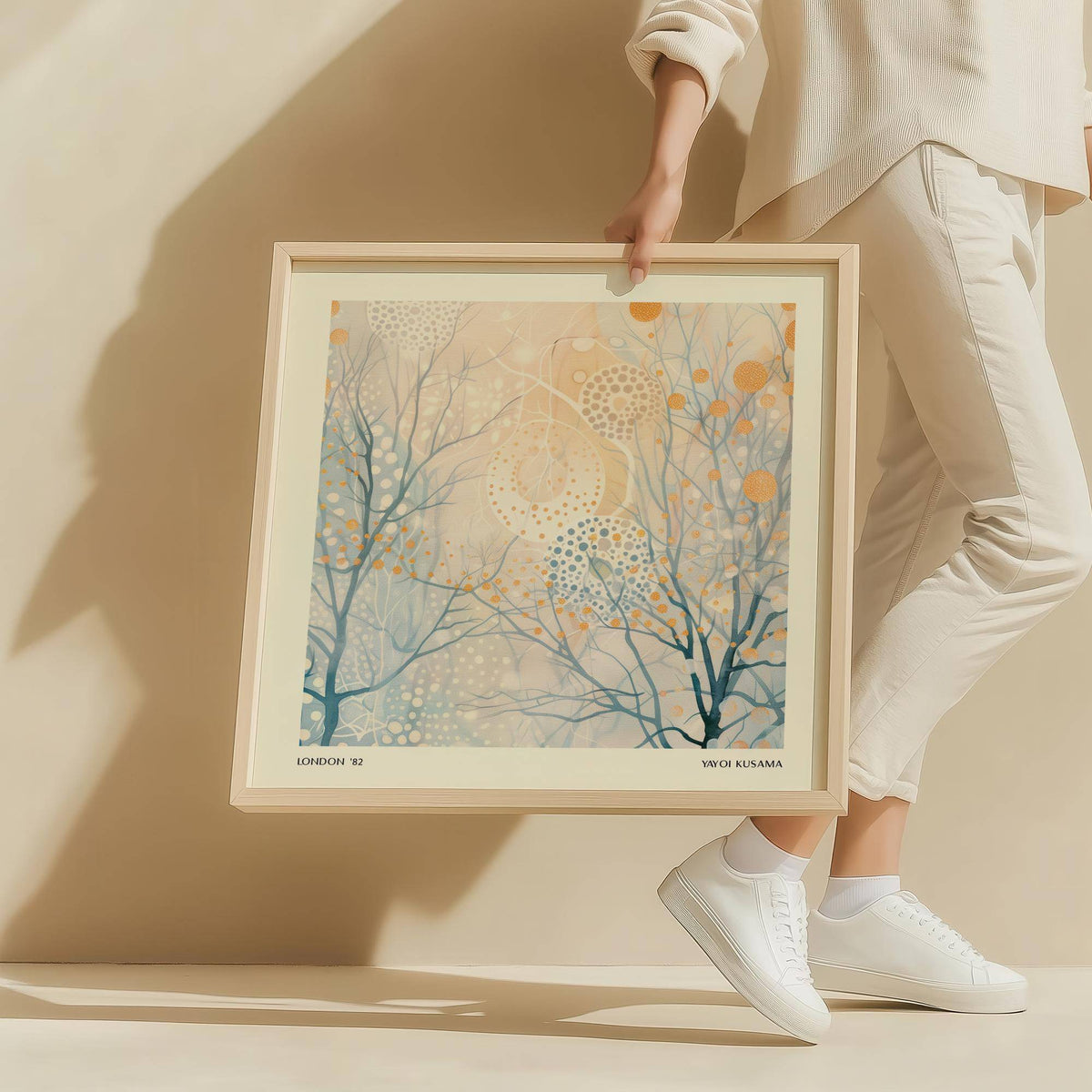 Framed minimalist poster art with abstract branches and dots in soft blue and gold held by a person in white