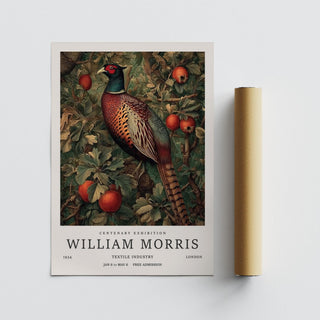 Pheasant wall art with a vintage botanical illustration of a pheasant among leaves and fruit with a packaging tube beside it