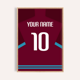 Framed print close-up of a claret football shirt back with light blue sleeve trim and white number 10