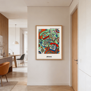 Print of vintage rotary phones in bright pop-art colours on a wall in a hallway