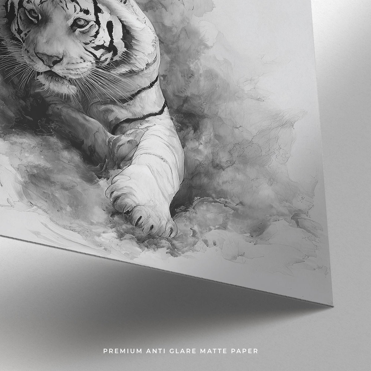 Detail close-up of landscape tiger print showing a white tiger paw and surrounding grey watercolour style