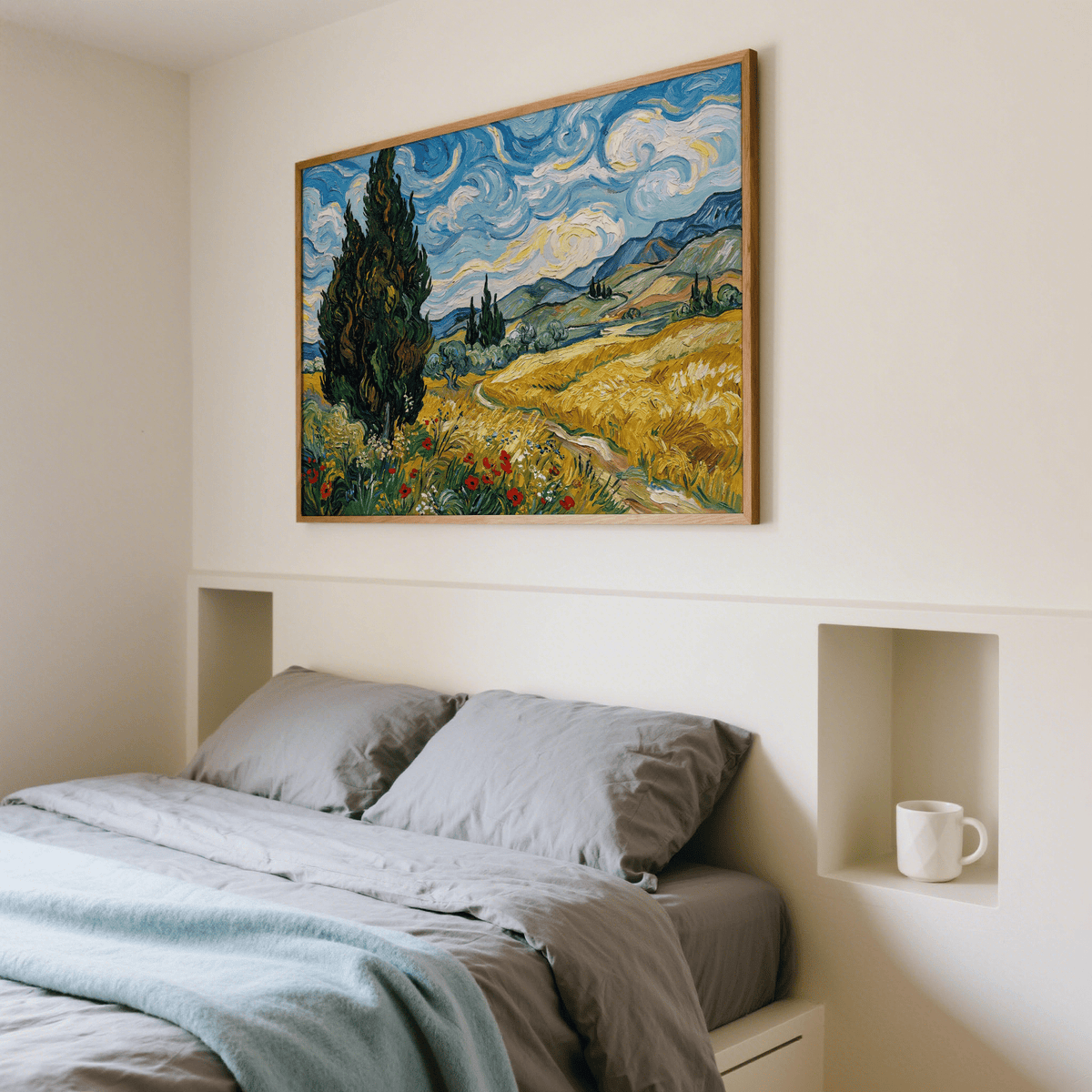 Nature Poster of a field with cypress trees in blue and yellow above a bed with grey bedding