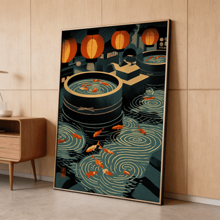 Framed print of Japanese koi art print showing orange koi fish and swirling water patterns leaning on a wooden floor beside a wooden side