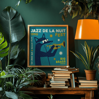 Print leaning on a shelf of a fox playing trumpet with teal background and yellow text in a room with plants and a lamp