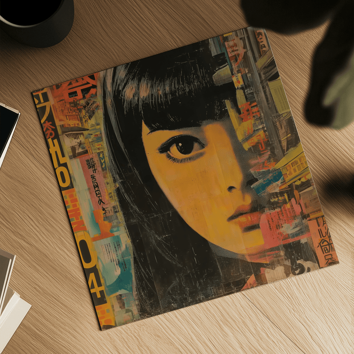 Close-up of Japanese Pop Art print featuring an anime style woman with bright orange and teal accents on a wooden surface
