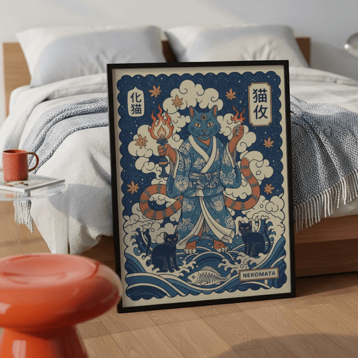 Print leaning on floor of a nekomata art cat with twin tails and blue waves near a red stool