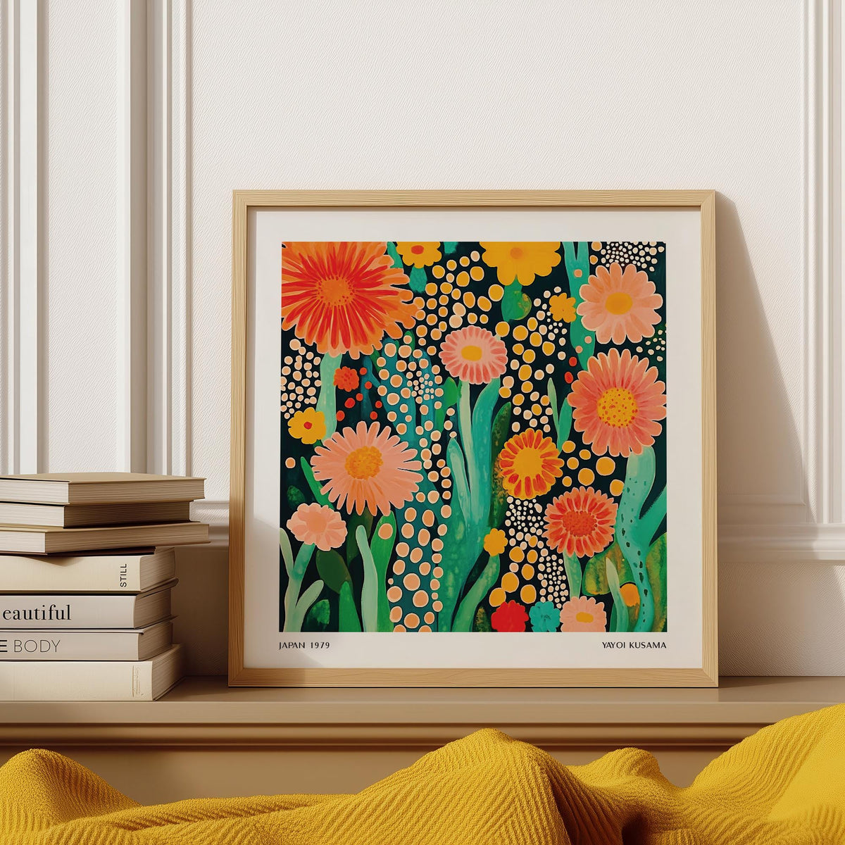 Flowers print leaning on a shelf with orange and pink flowers and green leaves with books nearby