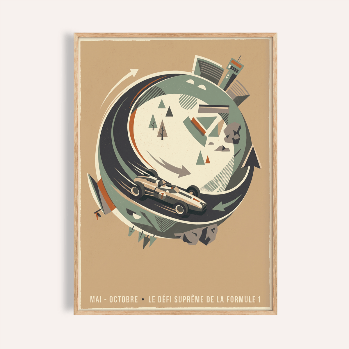 Framed Single Seater Race Car wall art with retro illustration in muted green and brown tones