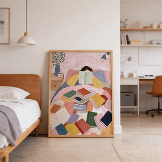Woman Reading In Bed art print leaning against a wall beside a bed with wooden frame