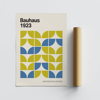 Bauhaus Geometric Art with lime green and blue blocks alongside a packaging tube