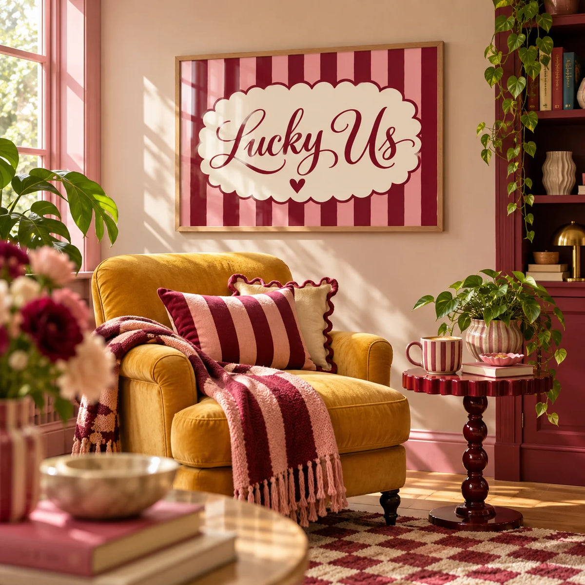 Above Bed Wall Art, framed on the wall of a maximalist reading corner in a living room