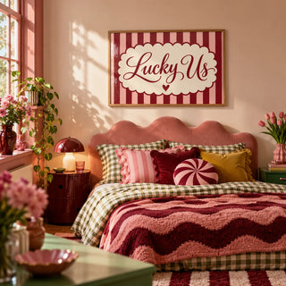 Above Bed Wall Art, framed on the wall of a playful dopamine bedroom