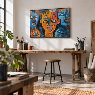 Abstract African Wall Art, framed on the wall of an artist's home studio with white walls and a concrete floor in a home office