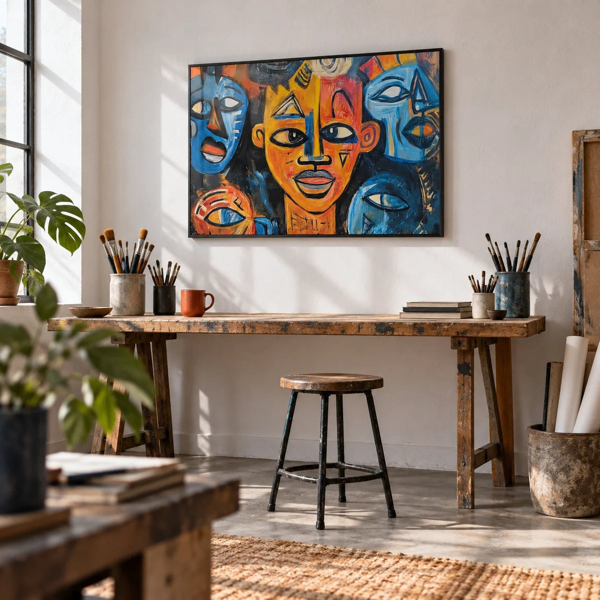 Abstract African Wall Art, framed on the wall of an artist's home studio with white walls and a concrete floor in a home office