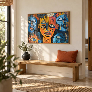 Abstract African Wall Art, framed on the wall of a bright entryway with a plain cream plaster wall