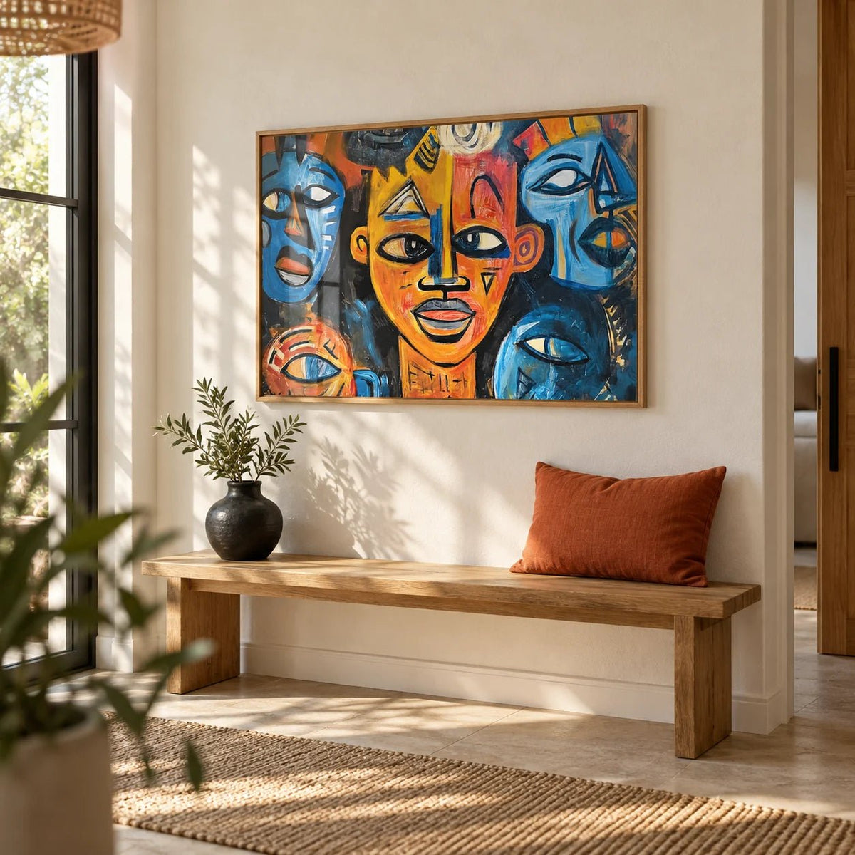 Abstract African Wall Art, framed on the wall of a bright entryway with a plain cream plaster wall