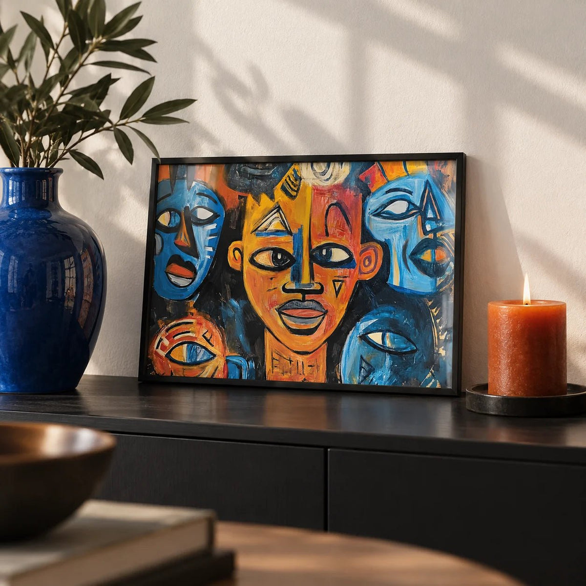 Abstract African Wall Art, a small A4 framed print leaning on a black sideboard in a living room
