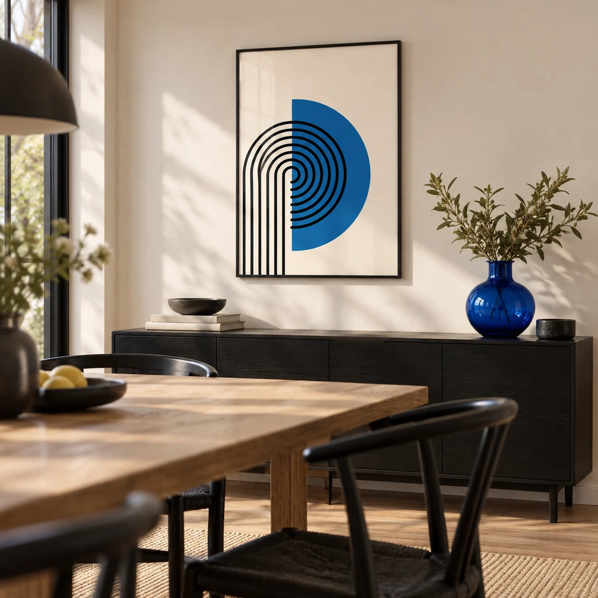 Abstract Arch Print, framed on the wall of a modern dining room with a cream wall