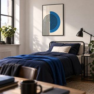 Abstract Arch Print, framed on the wall of a stylish single bedroom for a male student or graduate (18-25) with a white wall
